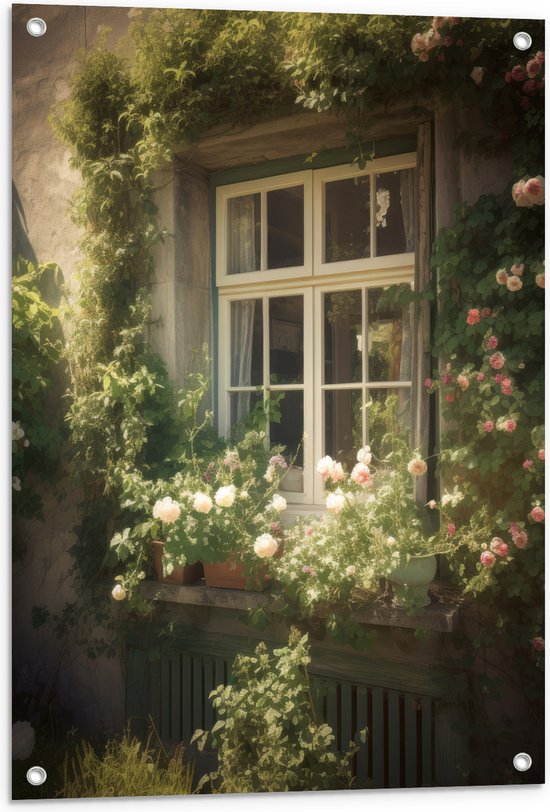 Tuinposter – Raam - Bloemen - Planten - Tuin - 60x80 cm Foto op Tuinposter (wanddecoratie voor buiten en binnen)