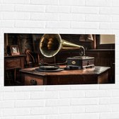 Muursticker - Platenspeler - Hout - Goud - Muziek - Oud - 100x50 cm Foto op Muursticker