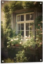Tuinposter – Raam - Bloemen - Planten - Tuin - 60x90 cm Foto op Tuinposter (wanddecoratie voor buiten en binnen)