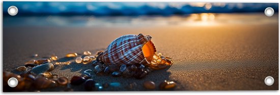 Tuinposter – Schelp - Strand - Zand - Steentjes - Zonsondergang - 60x20 cm Foto op Tuinposter (wanddecoratie voor buiten en binnen)