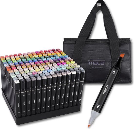 Maca Twinmarkers 168 pièces - Marqueurs à Alcohol - Adultes et Enfants - incl. Support - Surligneurs - Avec sac de rangement