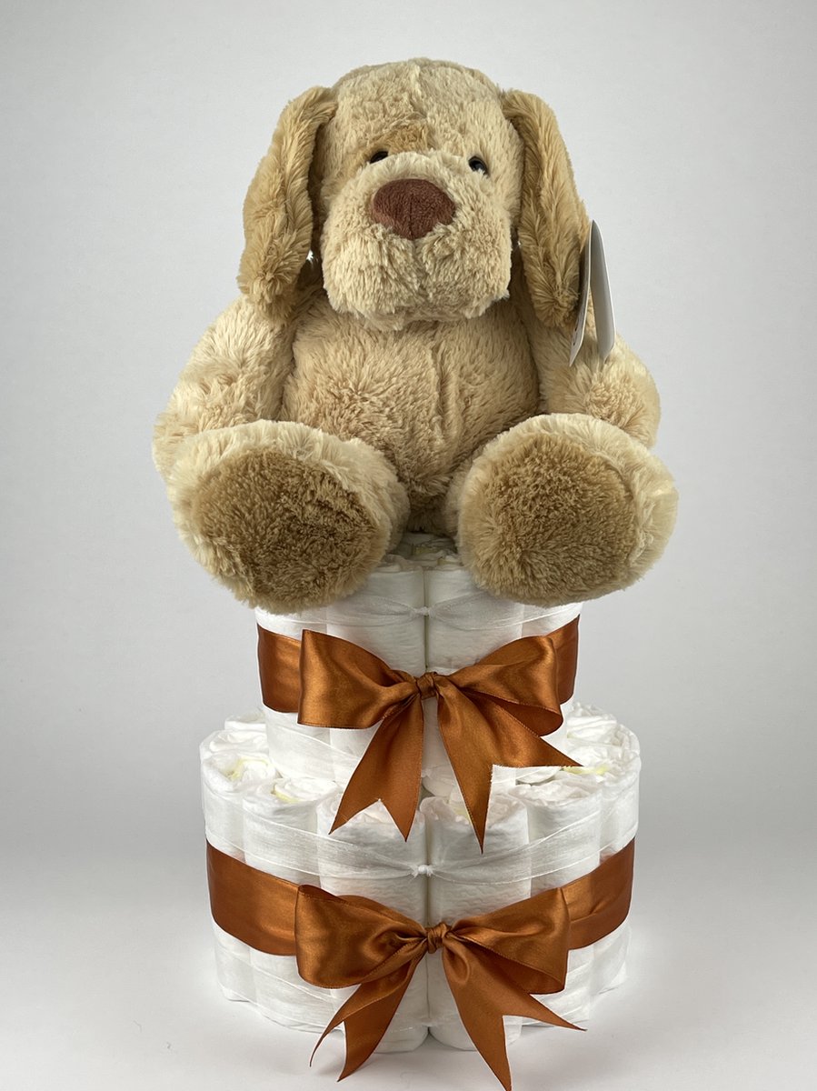 Goedkoopste Chouette-Chouette | Luiertaart Neutraal | Kraamcadeau | Geboorte Jongen Meisje | Babyshower | 2l Knuffel Hondje Koper