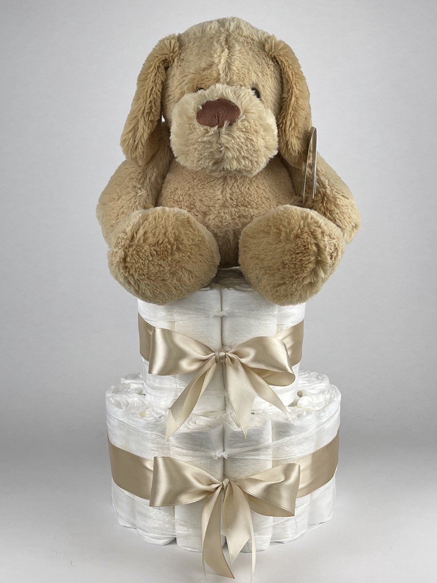Goedkoopste Chouette-Chouette | Luiertaart Neutraal | Kraamcadeau | Geboorte Jongen Meisje | Babyshower | 2l Knuffel Hondje Beige