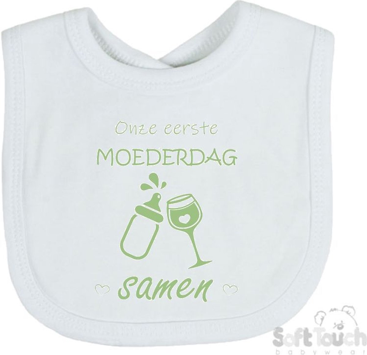 Goedkoopste Soft Touch Slabber Slabbetje Slab Onze eerste moederdag samen Moederdag Unisex Katoen Wit/sage green (saliegroen) Maat 33x22 Cm