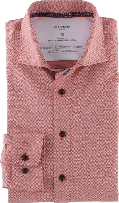 OLYMP Luxor 24/7 modern fit overhemd - tricot - oranjerood - Strijkvriendelijk - Boordmaat: 40