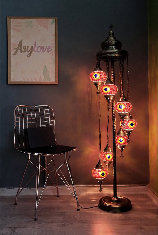 Lampadaire turc fait main 7 ampoules, lampadaire oriental mosaïque multicolore rouge
