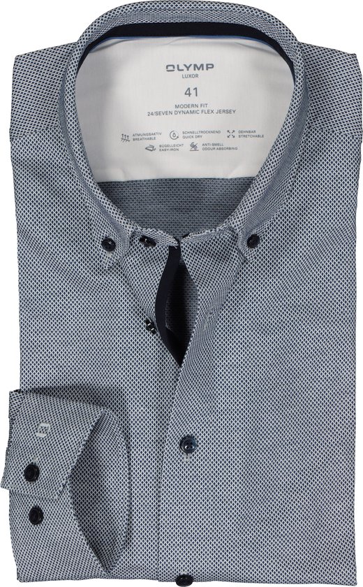 OLYMP 24/7 modern fit overhemd - tricot - donkerblauw met wit mini dessin - Strijkvriendelijk - Boordmaat: 45