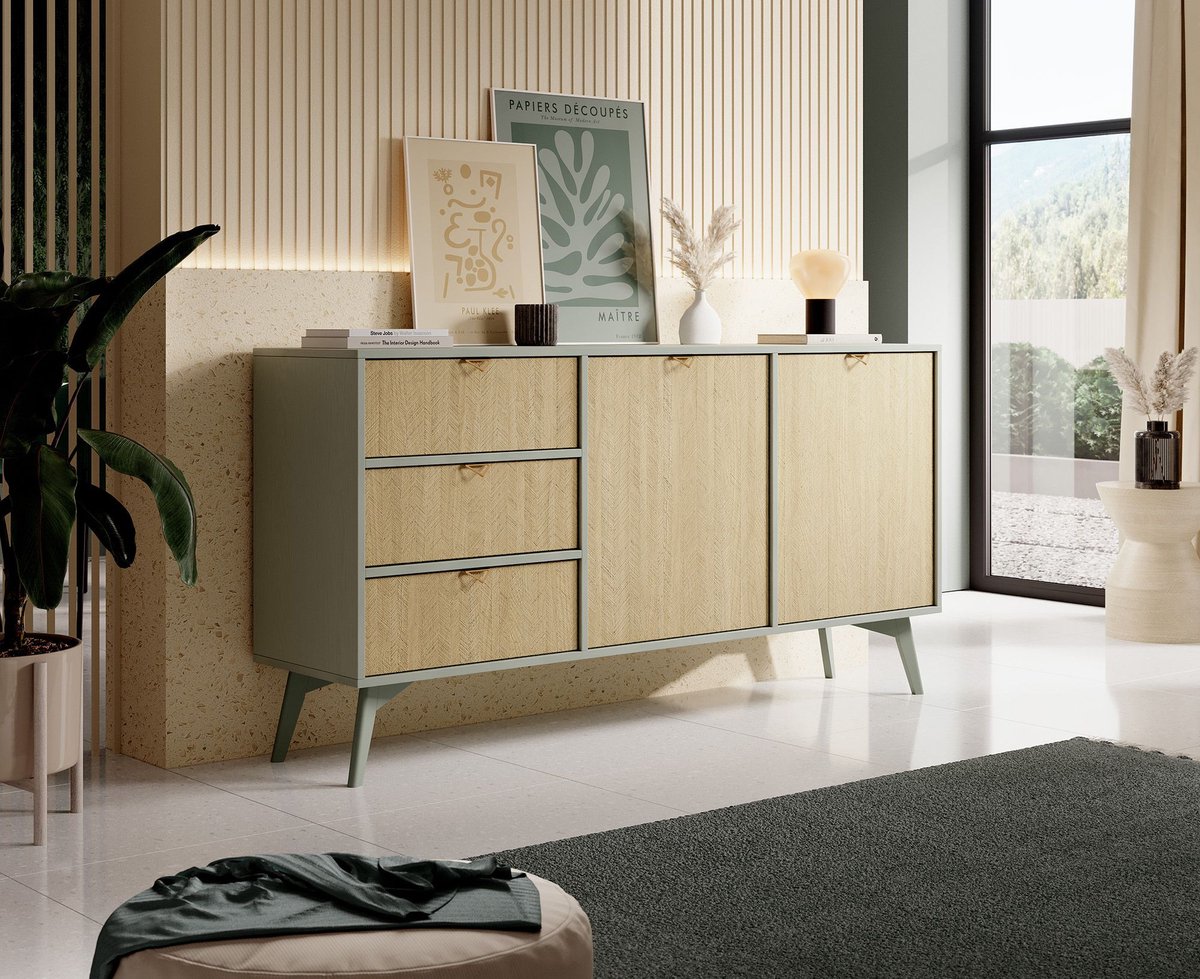 Meubella - Dressoir Essence - Groen - Licht eiken - 158 cm