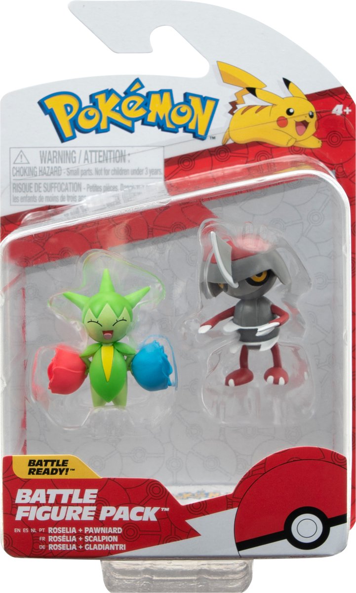 Jazwares Pokémon Battle Figure Pack Mini Figure 2-Pack Pawniard, Roselia 5 cm Action Figuur