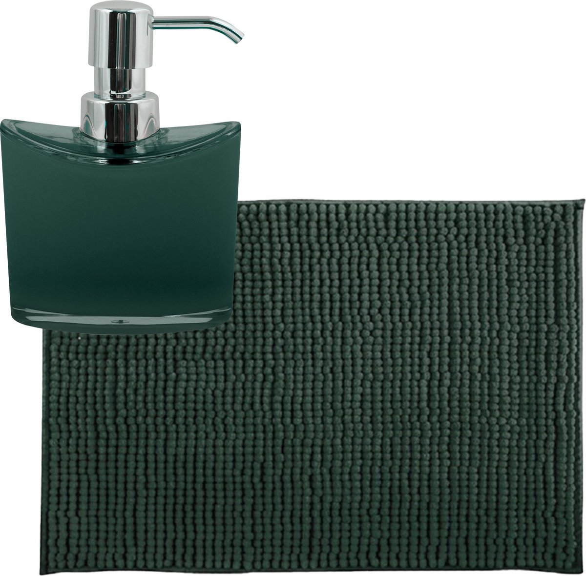 MSV badkamer droogloop mat/tapijtje - 50 x 80 cm - en zelfde kleur zeeppompje 260 ml - donkergroen
