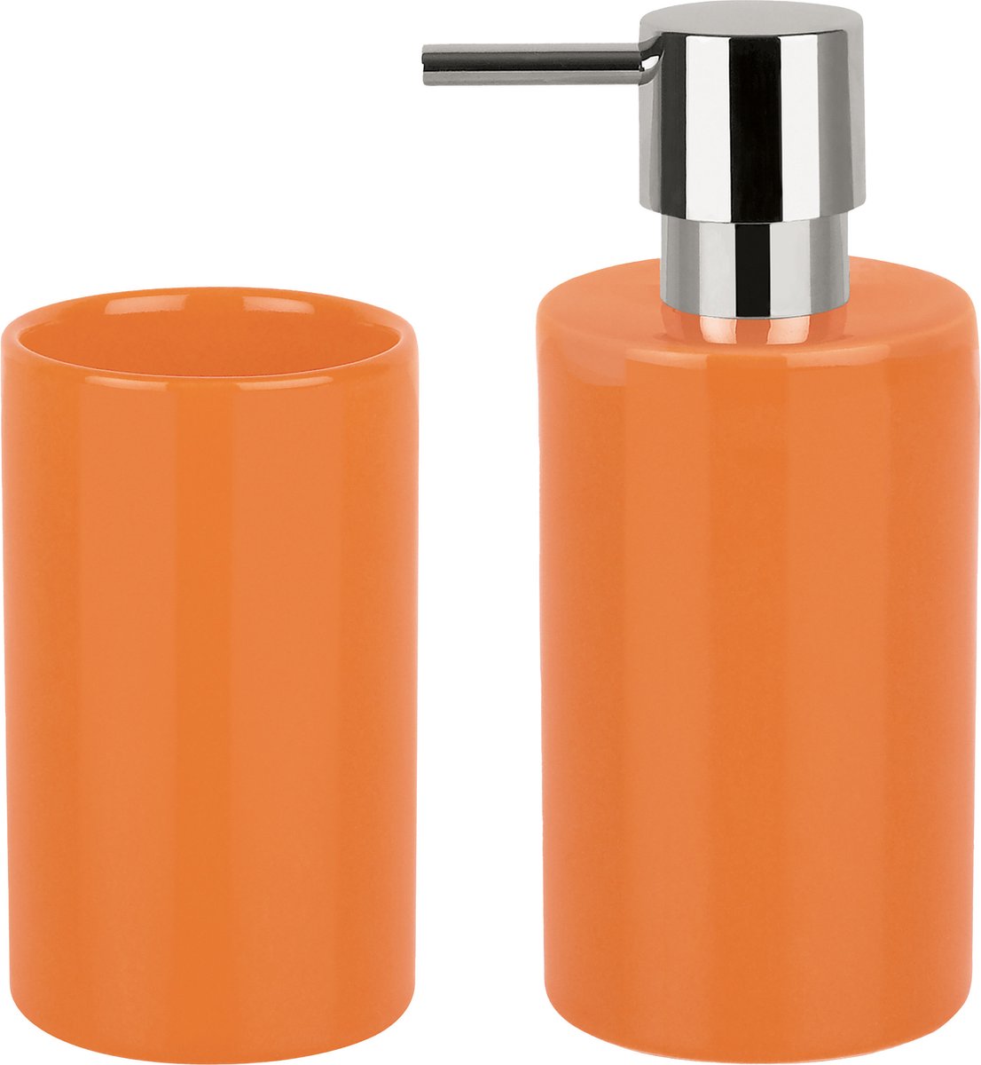 Spirella Badkamer accessoires set - zeeppompje/beker - porselein - oranje - Luxe uitstraling