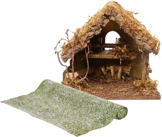 Lege kerststal - L30 x B18 x H26 cm - incl. gras ondergrond/achtergrond - besneeuwd