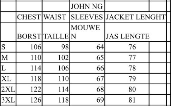 Maattabel voor een jas met maten in cm: Borst, Taille, Mouwen, Jas Lengte.