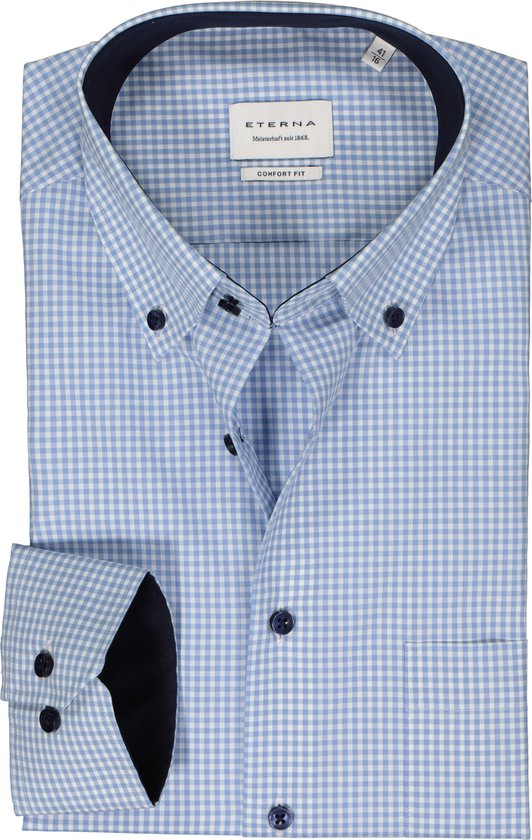 ETERNA comfort fit overhemd - popeline - lichtblauw geruit (contrast) - Strijkvrij - Boordmaat: 48