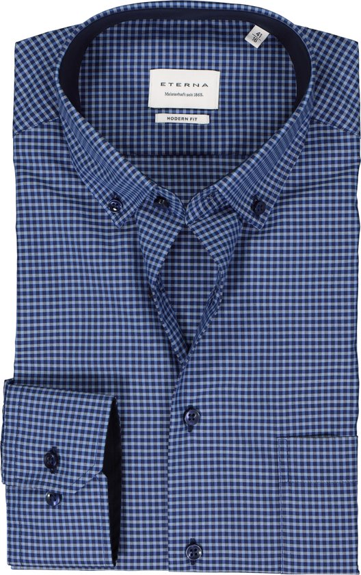 ETERNA modern fit overhemd - popeline - blauw geruit (contrast) - Strijkvrij - Boordmaat: 44
