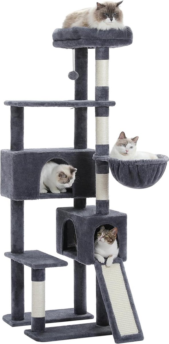 Weg Katten Krabpaal, 154 cm Kattentoren met Twee Condo’s, Ruime Zitstok, Gezellige Mand en Sisal-Beklede Krabpalen voor Binnenkatten, Donkergrijs.