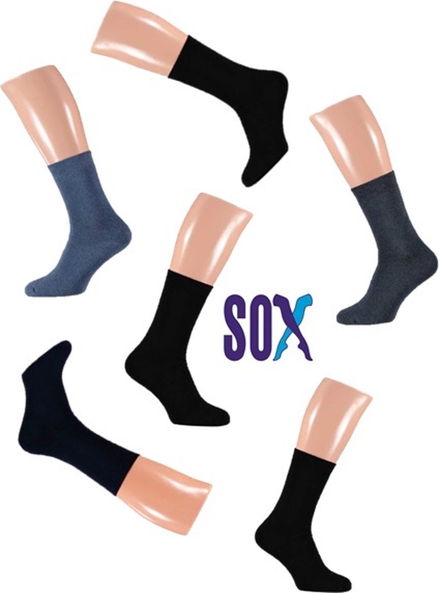 SOX Thermische Full Terry 6 PACK Unisex sokken 37/42 Effen Zwart/Jeans/Marine assorti Sterk en Naadloos