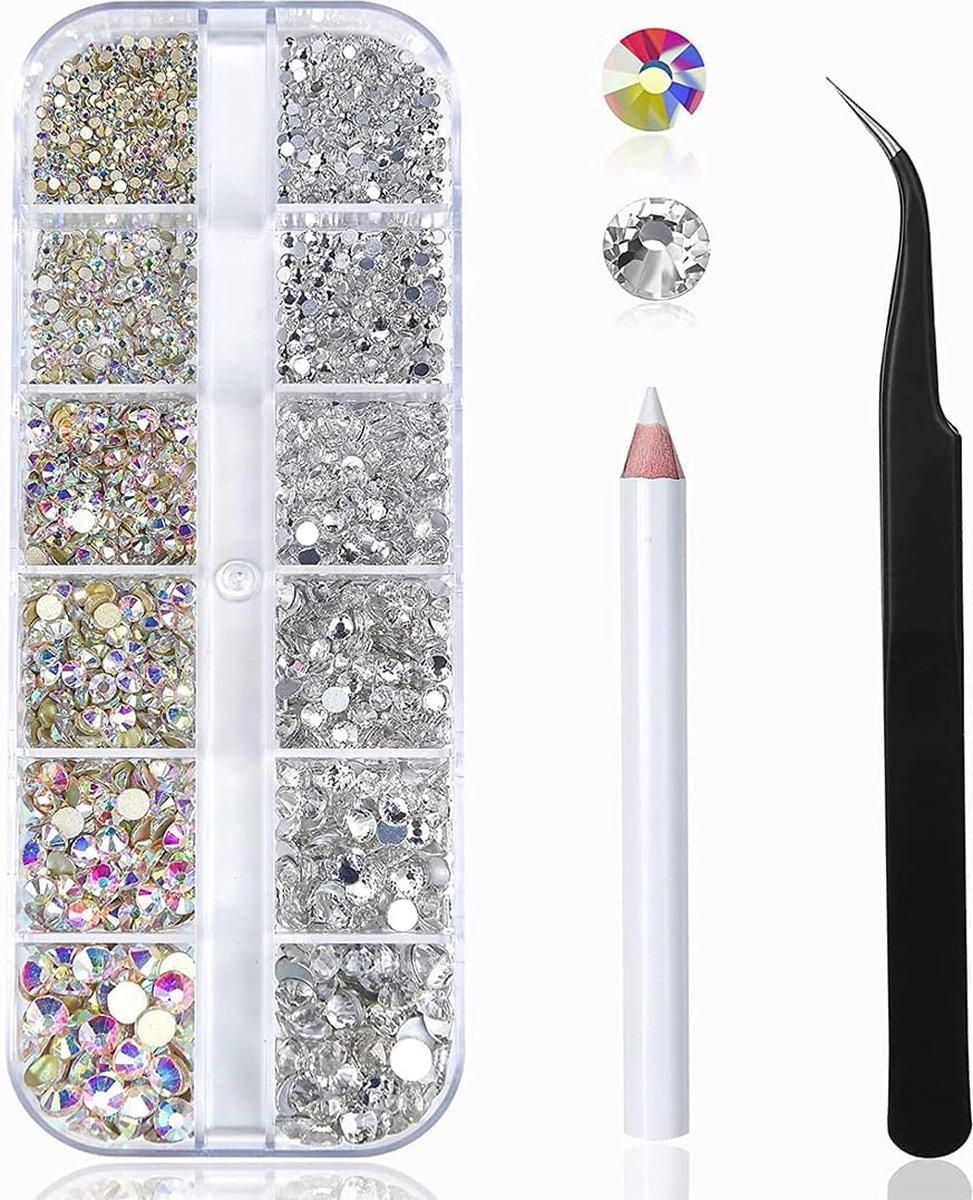 Goedkoopste 1400 stuks strassteentjes, 6 maten, platte rugstenen, AB strass, kristal en nagel/kleding met pick-up pincet en strasspuncher
