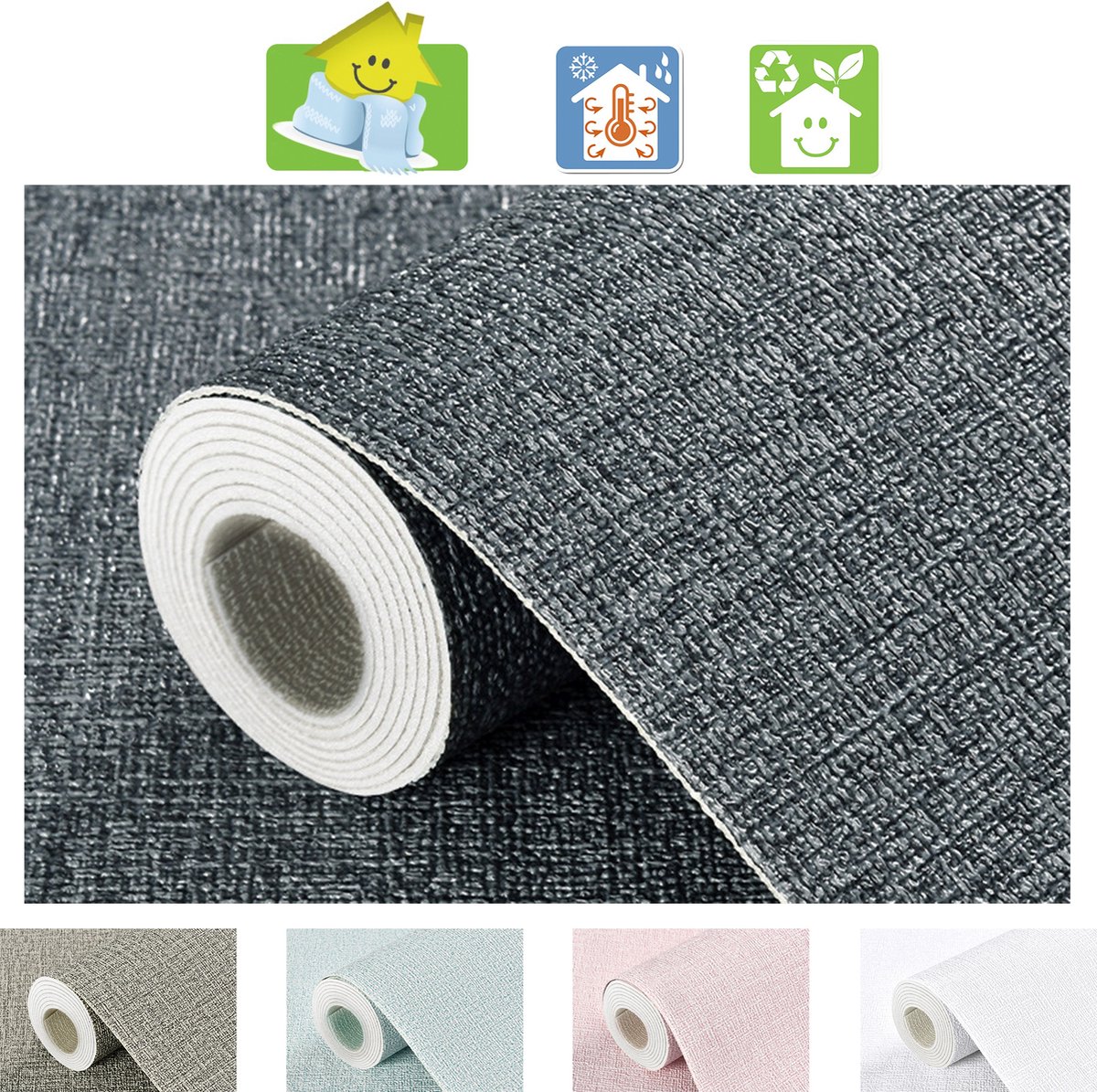 Mogi Products - Isolerend Behang- Zelfklevend Behang voor Woonkamer & Slaapkamer - Muurdecoratie - ± 2 mm Dik en Waterbestendig-Linnenstructuur Donkergrijs - Isolatie behang