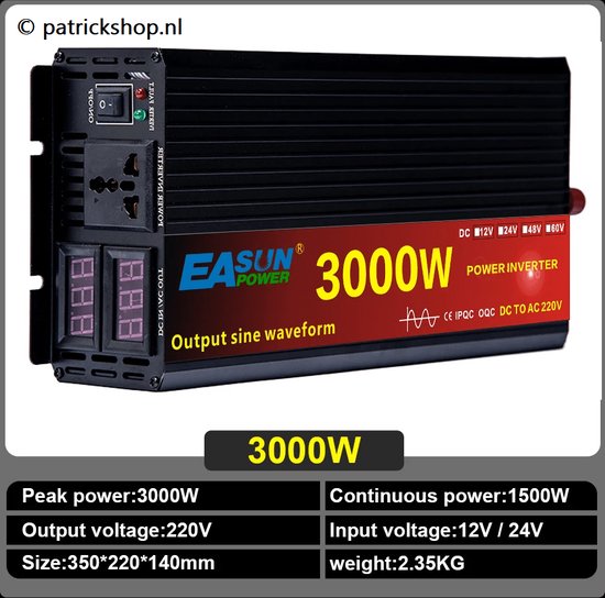 EASUN 12V-230V Zuivere Sinus Omvormer - 1500W/3000W