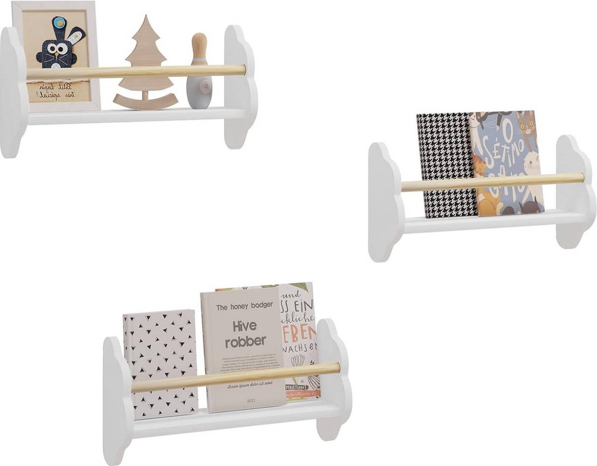 BukkitBow - Wandplanken voor Kinderen / Kinderkamer - Rechtopstaande Boekenplanken - Set van 3 Stuks - Smal (45x23x12.7CM)