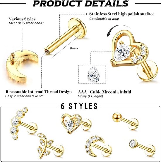 15/21Stk Helix Tragus Piercing Sieraden Chirurgisch Staal Kraakbeen Tragus Oorbellen Set Kleine Platte Achterkant Oorbellen Goud Zilver Conch Helix Hoop Rook Daith Conch Piercing Sieraden (ENKEL STUK