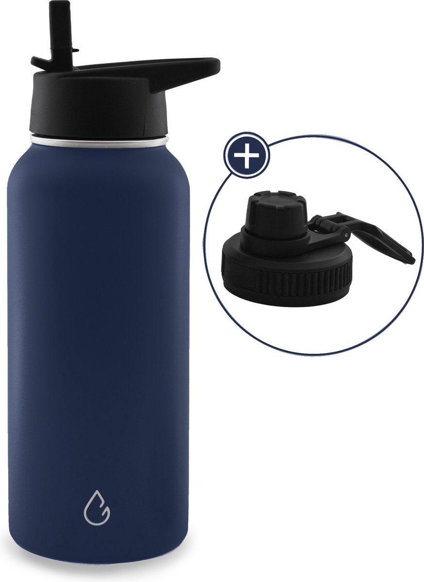 PRO eco waterfles RVS donkerblauw 1 liter - dop met rietje en sportdop - drinkfles - thermosfles - sport