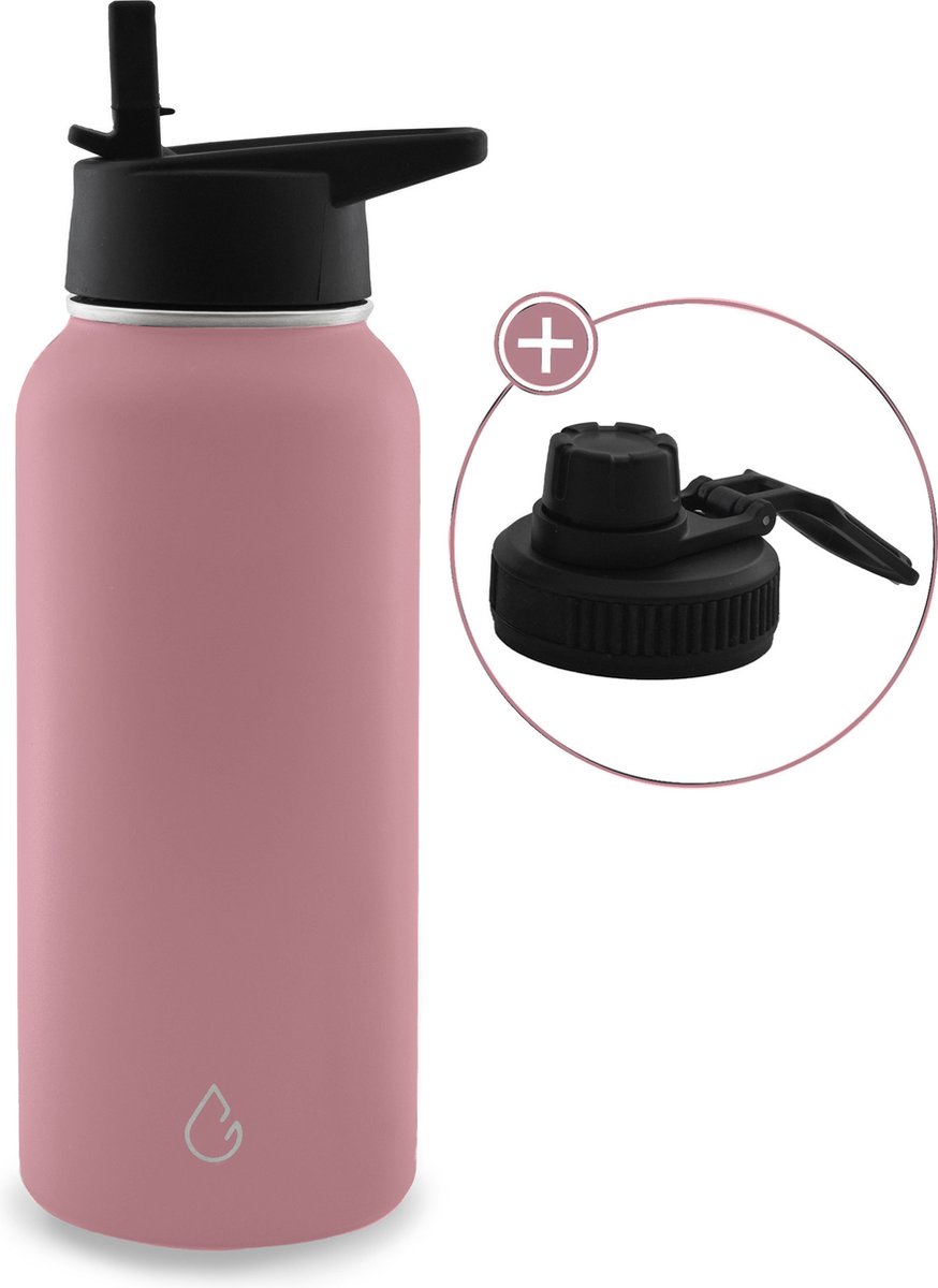 PRO eco waterfles RVS roze 1 liter - dop met rietje en sportdop - drinkfles - thermosfles - sport