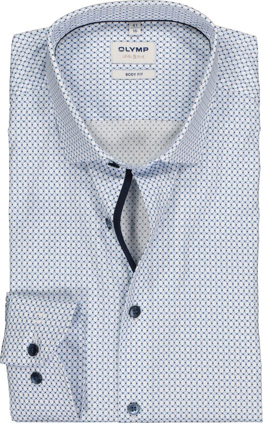 OLYMP Level 5 body fit overhemd - lichtblauw met wit dessin (contrast) - Strijkvriendelijk - Boordmaat: 44