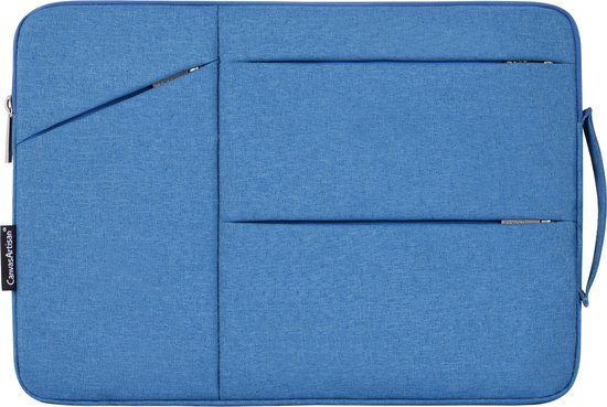 Blauwe laptophoes met drie voorvakken, handvat aan de zijkant, 'Canvas Artisan' logo op de zijkant.