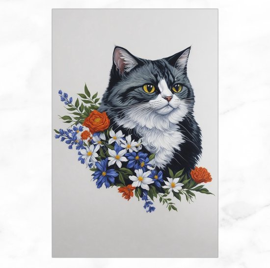 De Muurdecoratie - Schilderij Kat met Bloemen - Muurdecoratie Canvas 60x90 cm - Schilderij Bloemen - Dieren - Katten - Slaapkamer Decoratie - Woonaccessoires