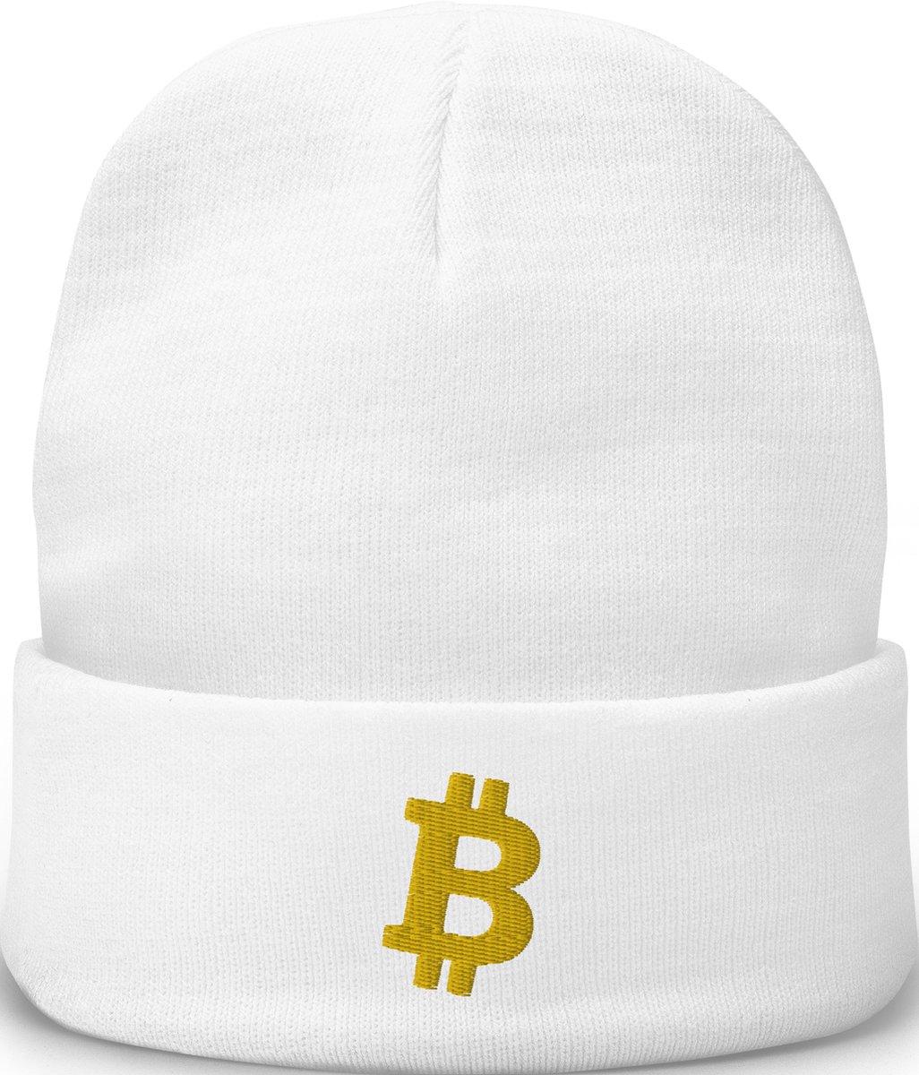 Witte Beanie Winter Muts Met Goud Kleurig Geborduurd Bitcoin Logo| Bitcoin cadeau| Crypto cadeau| Bitcoin Muts| Crypto Muts| Bitcoin Beanie| Crypto Beanie| Bitcoin Merch| Crypto Merch| Bitcoin Kleding| Crypto Kleding