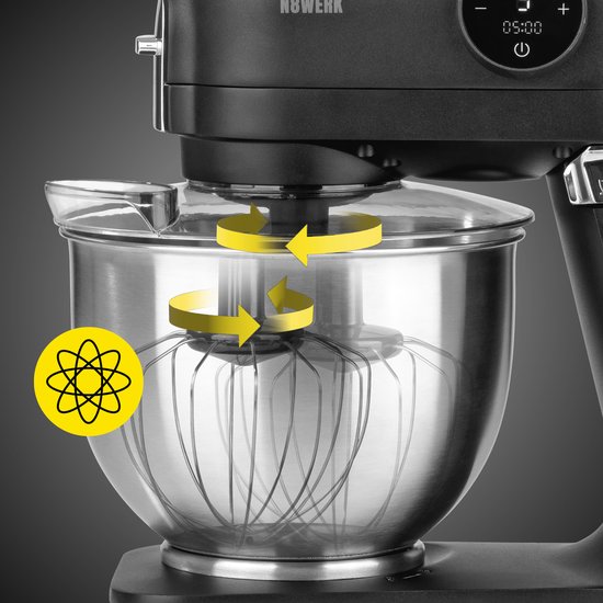 N8WERK Midnight Edition Keukenmachine, garde, kneedhaak en roerhaak, spatbescherming met vulopening, roestvrijstalen kom van 5 liter, 6 snelheden, 1200 watt, digitaal display van Merkloos — afbeelding 3