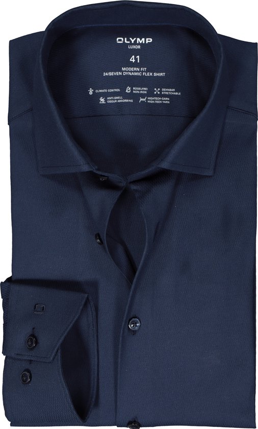 OLYMP 24/7 modern fit overhemd - mouwlengte 7 - structuur - nachtblauw - Strijkvriendelijk - Boordmaat: 40