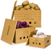 Aardappelopbergdoos [Set van 3] - Ideaal voor het opbergen van verse knoflook, aardappelen en uien - Premium bamboe houten alternatief voor een uienpot, aardappelzak.