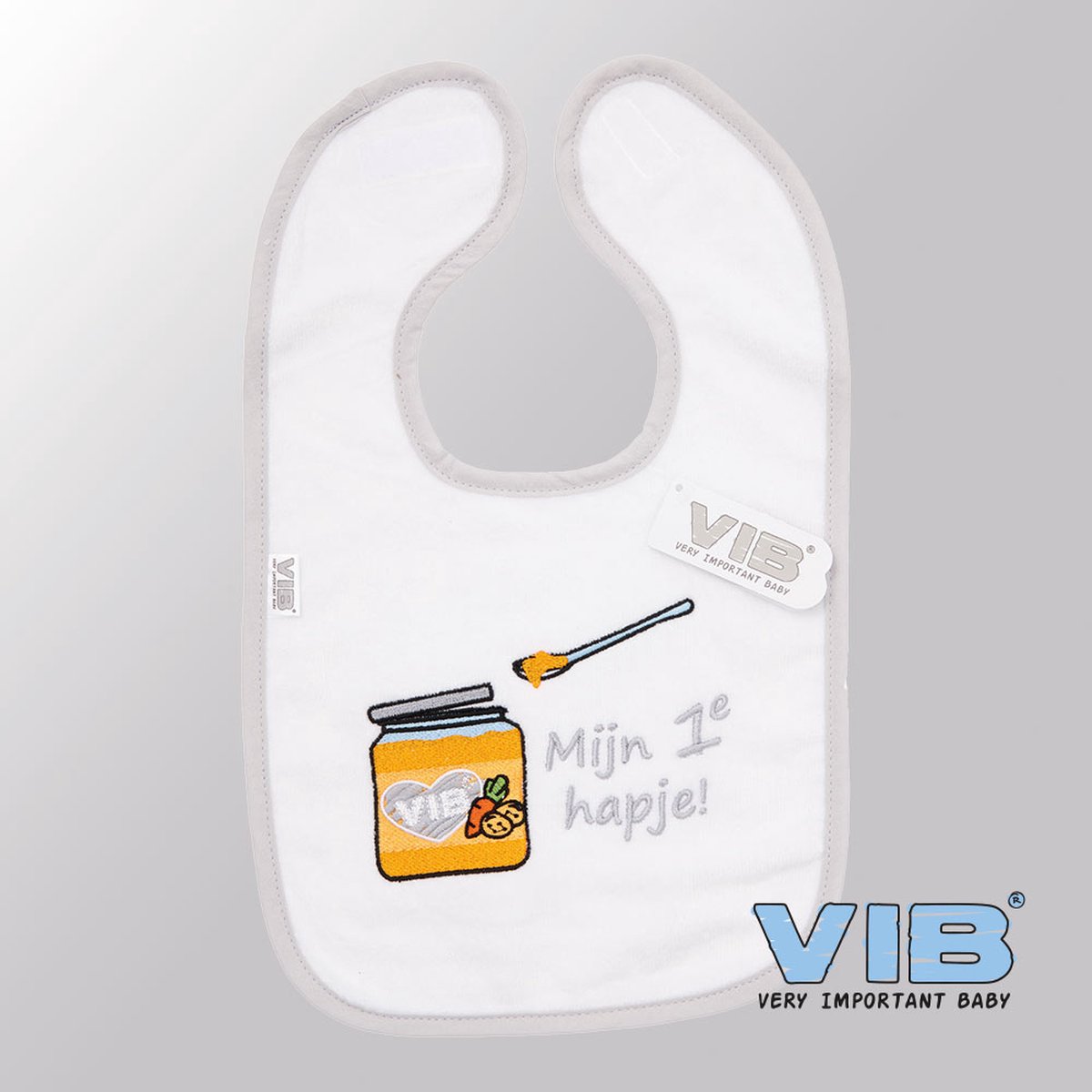 Goedkoopste VIB® - Slabbetje Luxe velours - Mijn 1e Hapje (Wit-Grijs) - Babykleertjes - Slabbetjes - zwangerschap aankondiging - baby aankondiging