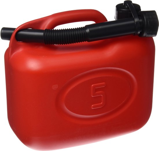 Rode jerrycan van 5 liter met een grote ovale uitsparing met een '5' erin. Bevat een zwarte schenktuit.