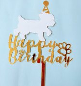 Acryl taart topper Happy Birthday voor de hond goud met wit - hond - taart topper - huisdier - dier - goud