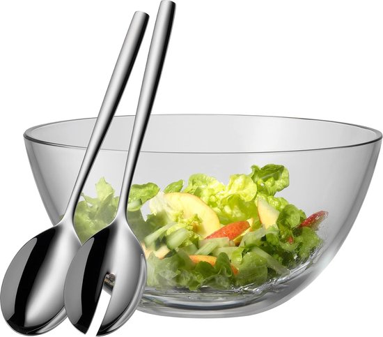 WMF Nuova Salatschüssel Set 3-teilig, Salatbesteck Edelstahl 30 cm mit Salatschale, Cromargan