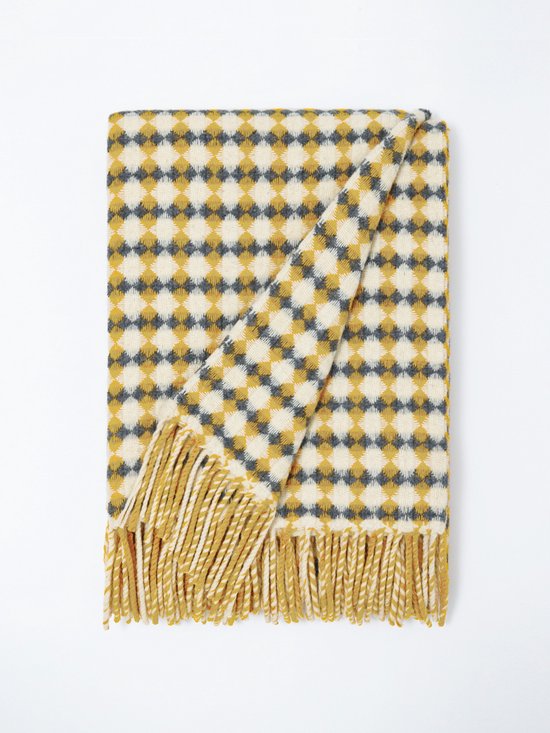 Burel Portugal, wollen plaid, deken wol, Azulejo roomwit, geel, grijs 130x180cm