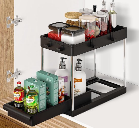Rangement sous évier/étagère cuisine noire, 2 niveaux avec tiroirs