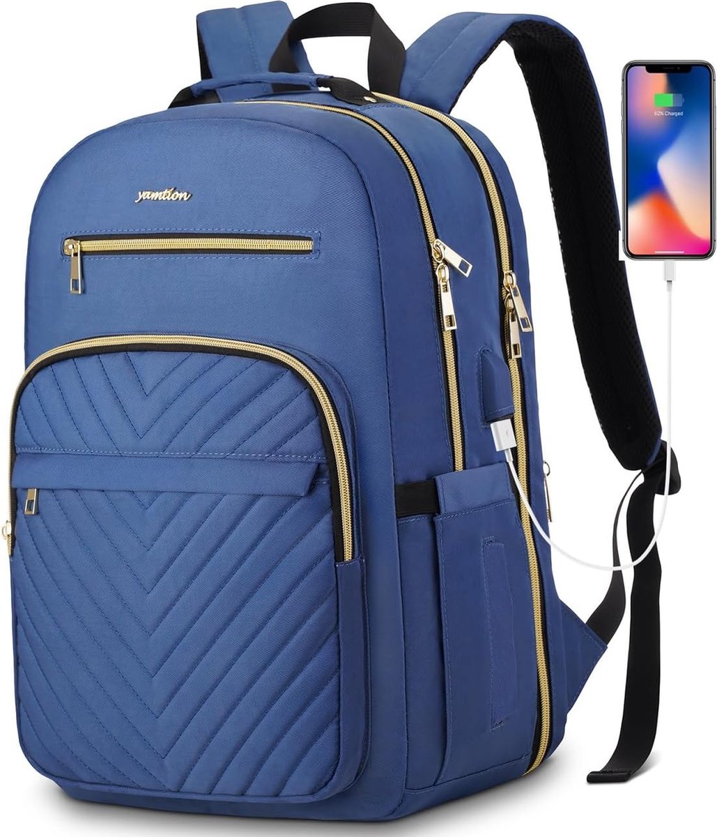 Laptoptas 15.6 inch - Blauw - USB-oplaadpoort - 45 x 32 x 15 cm - Rugzak voor kantoor, school, werk, reizen - 30 L - Veel opbergruimte