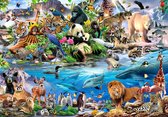 Fotobehang - Vliesbehang - Het Dierenrijk - Dieren van de wereld - leeuw - panda - ijsbeer - dolfijnen - tijger - aap - hert, Kinderbehang - 254 x 184 cm