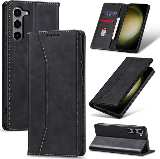 Podec Hoesje met Pasjeshouder geschikt voor Samsung Galaxy S23 Zwart Telefoonhoesje - Anti-Shock Bookcase Cover met 1x Screenprotector