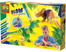 foto van SES - Blow airbrush pens - Dino's - 5 stuks - blaasstift - goed uitwasbaar - inclusief dino onderdelen, lijm, penseel en stickers - knutselen jongens - Dinosaurus Speelgoed