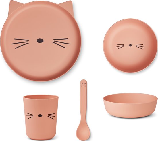 Liewood Brody Kinder serviesset - Bord, drinkbeker, kom en lepel - Cat Rose Blush