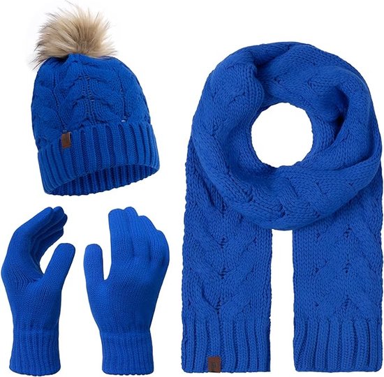 IQYU Set sjaal muts handschoenen dames heren en dames herfst en winter gebreide mutsen winter huishouden plus warme winterbestendige wollen trui muts heren sjaal blauw, marineblauw, One size