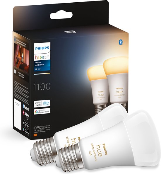 Philips Hue standaardlamp E27 Lichtbron - warm tot koelwit licht - 2-pack - 1100lm - Bluetooth