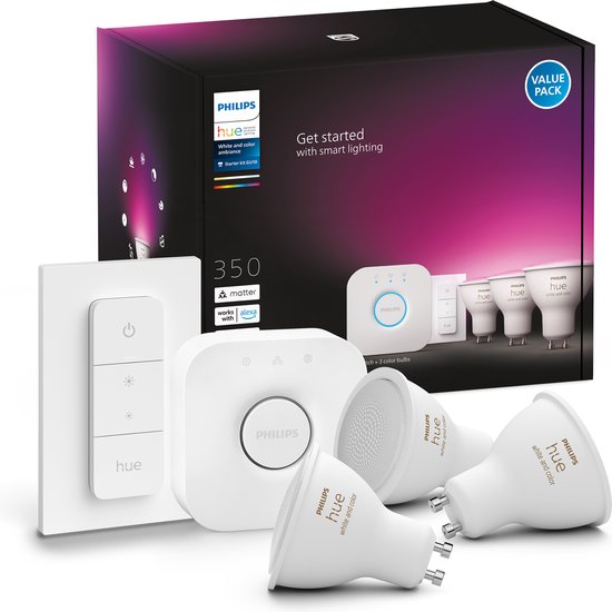 Philips Hue Starterspakket GU10 Spot Lichtbron met Bridge en dimmer switch - wit en gekleurd licht - 3 x 5,7W - Bluetooth