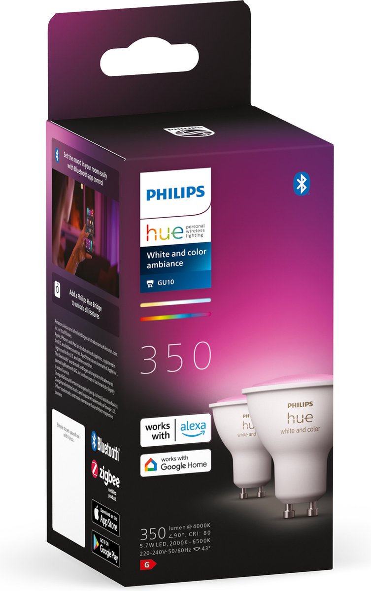 Philips Hue Slimme Lichtbron GU10 Spot Duopack - wit en gekleurd licht -  5,7W -... | bol.com
